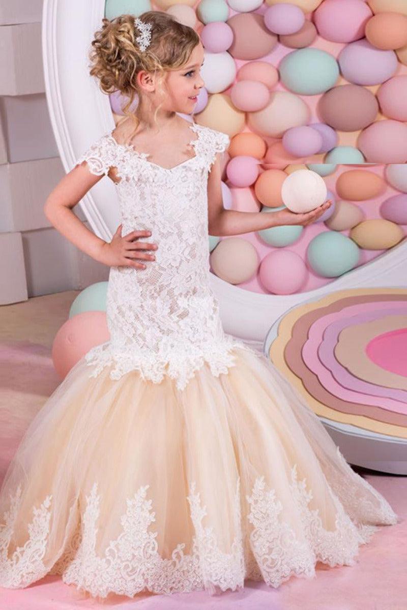 Lace Mermaid Trumpet V-Neck Tulle Flower Girl Dresses 618222534813 - 7 Days / Champagne / 2 - COCOMELODY